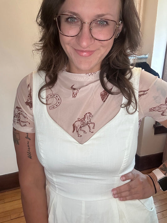Retro Western Mesh Top - Oatmeal