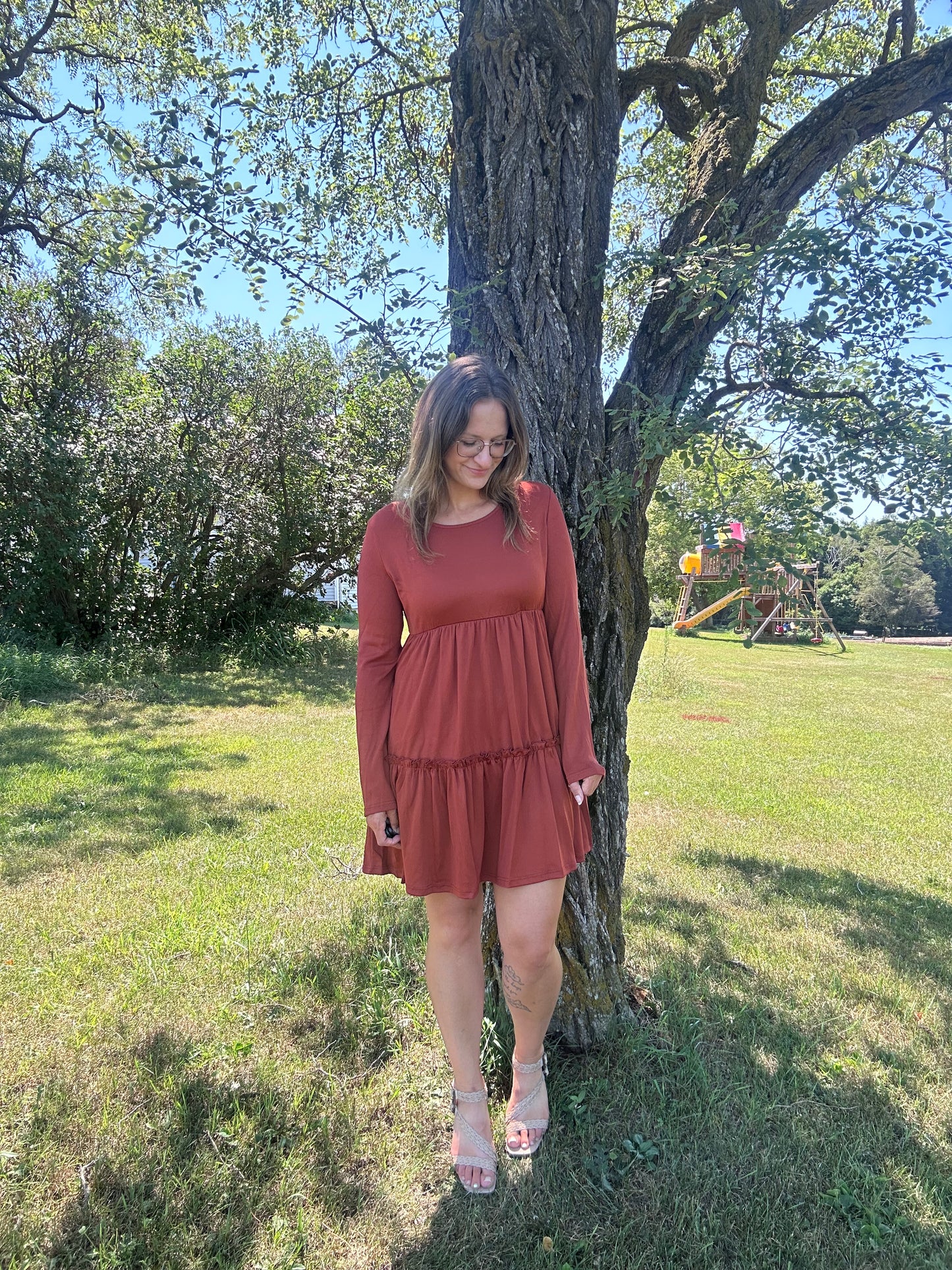 Solid Ribbed Long Sleeve Dress