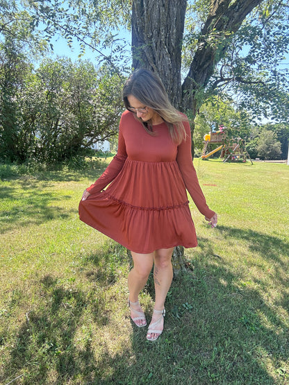 Solid Ribbed Long Sleeve Dress