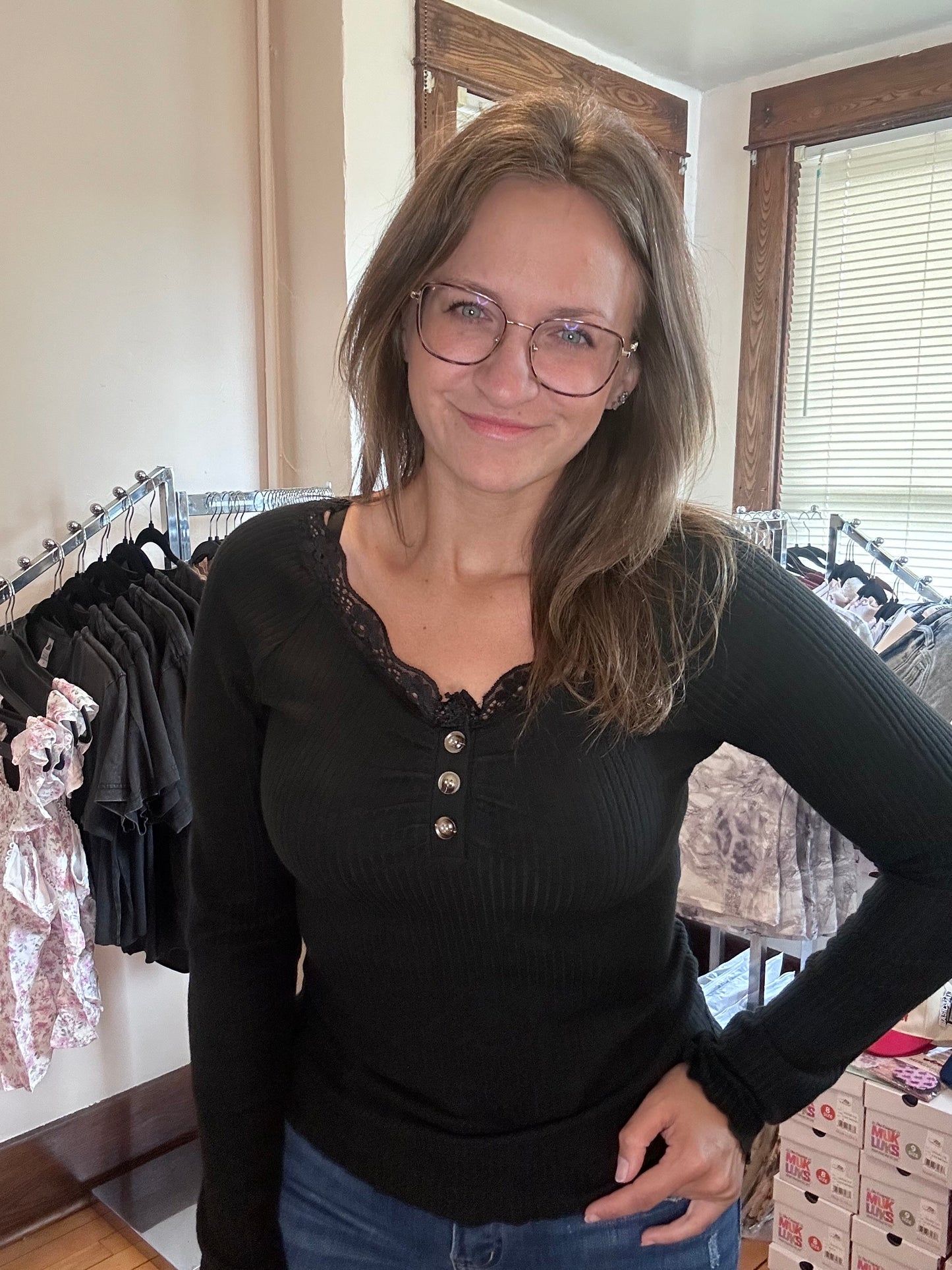 Lace Neckline Long Sleeve - Black