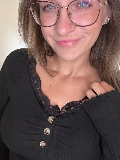 Lace Neckline Long Sleeve - Black
