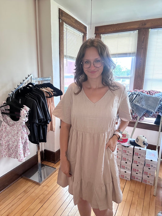 Textured Ruffled Dress - Dark Khaki