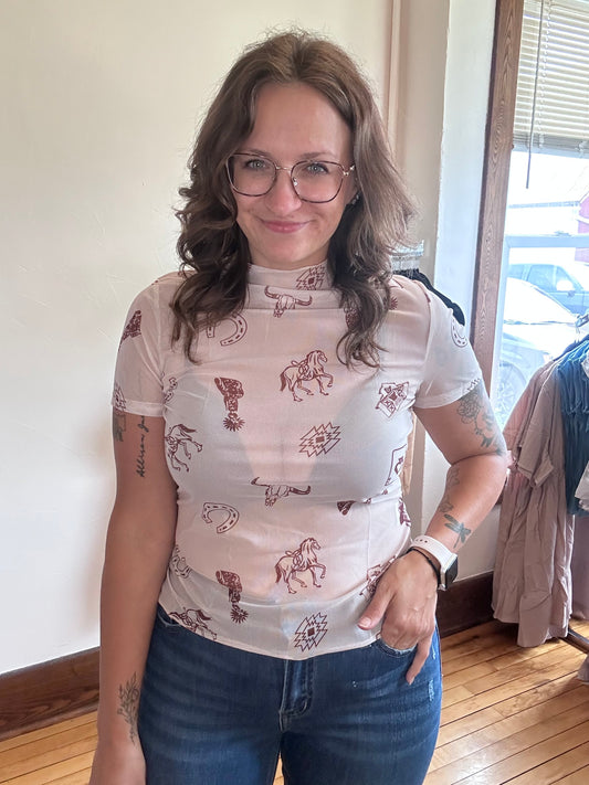 Retro Western Mesh Top - Oatmeal