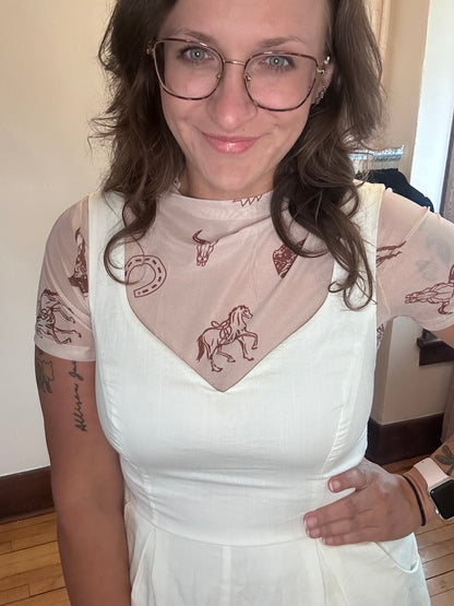 Retro Western Mesh Top - Oatmeal
