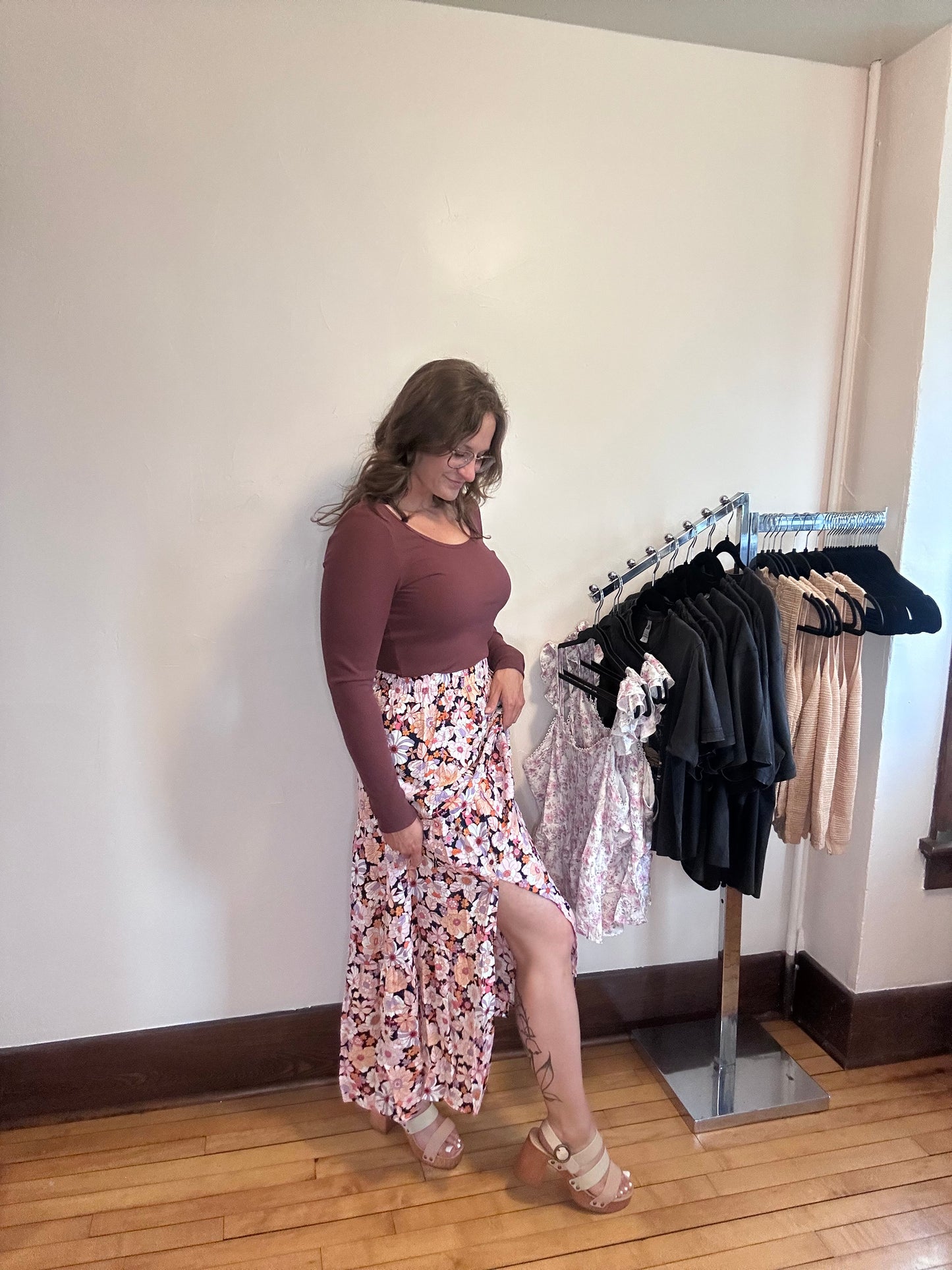 Bohemian Floral Print Skirt - Orange