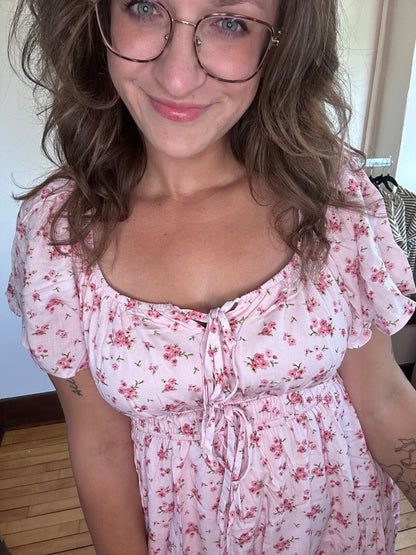 Floral Tie Ruffled Dress - Pink