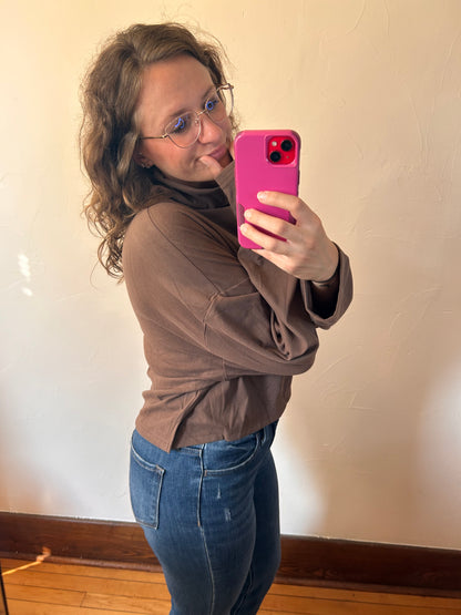 Brown Mock Neck Boxy Pullover