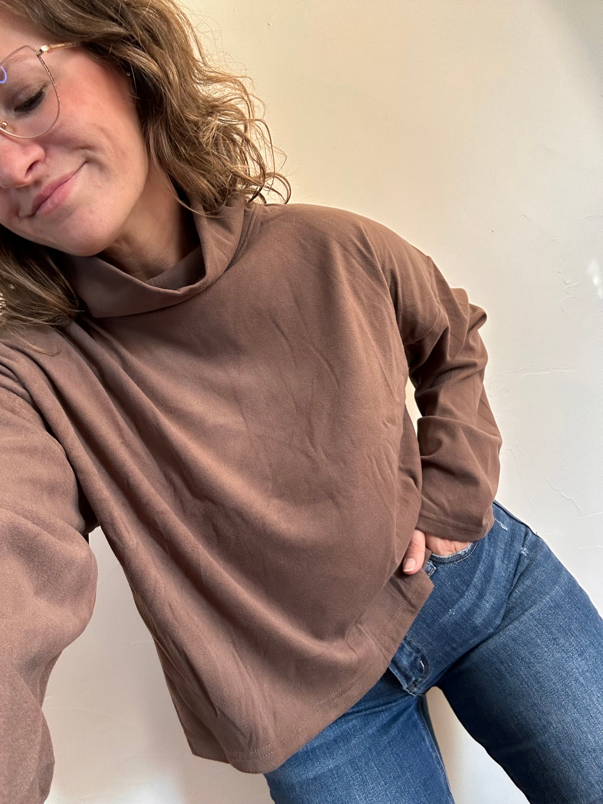 Brown Mock Neck Boxy Pullover