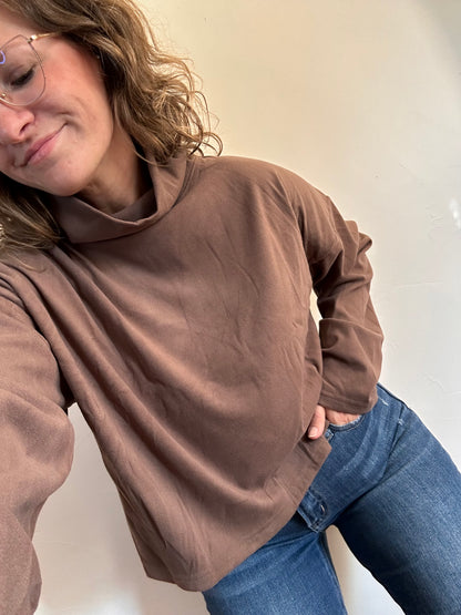 Brown Mock Neck Boxy Pullover