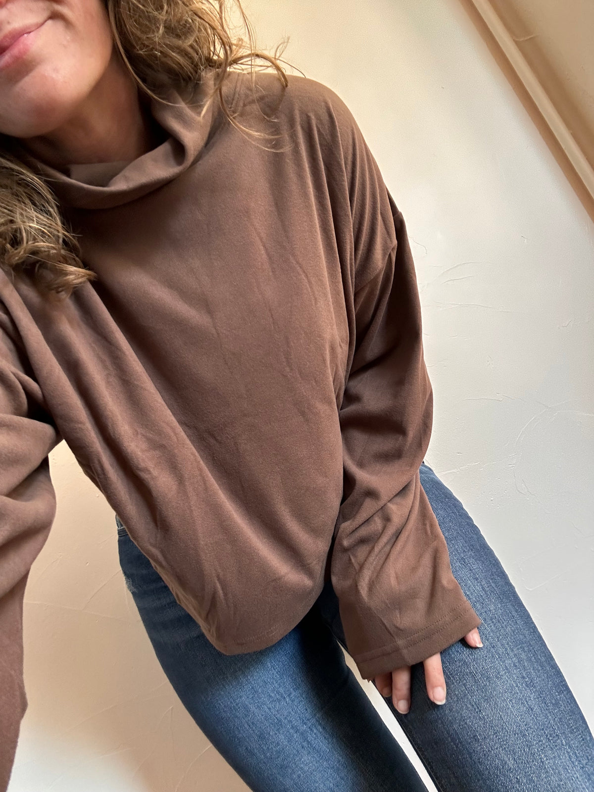 Brown Mock Neck Boxy Pullover